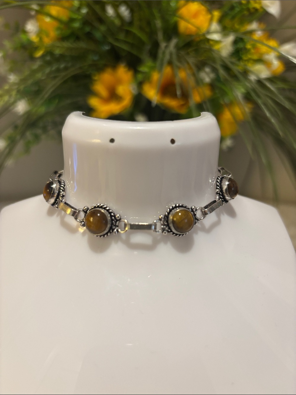 Sterling Silver Tiger's Eye Link Bracelet - Brown Gemstone
